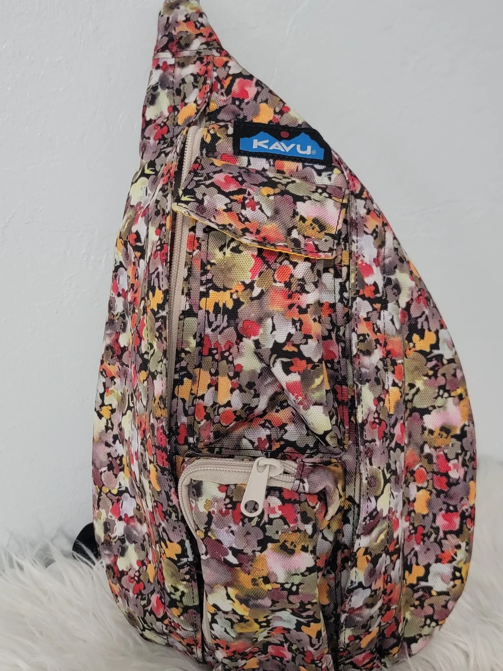 Kavu Floral-Pattern Sling Backpack in Pink, Yellow, Black, Cream